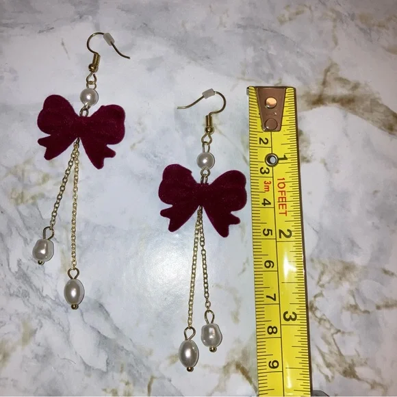 Burgundy Bow Pearl Dangling Statement Earrings Whimsy Coquette Spring Jewelry - Picture 6 of 10